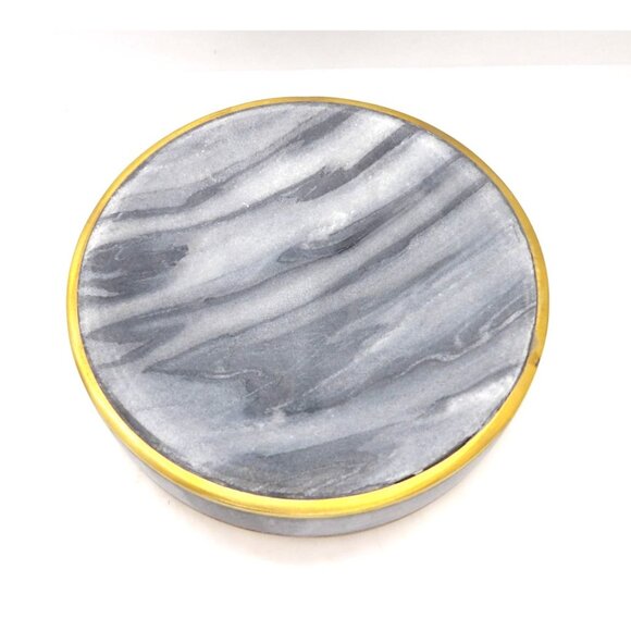 Soap Dish Round Gray Tiger Marble with Brass Trim New - Picture 3 of 4